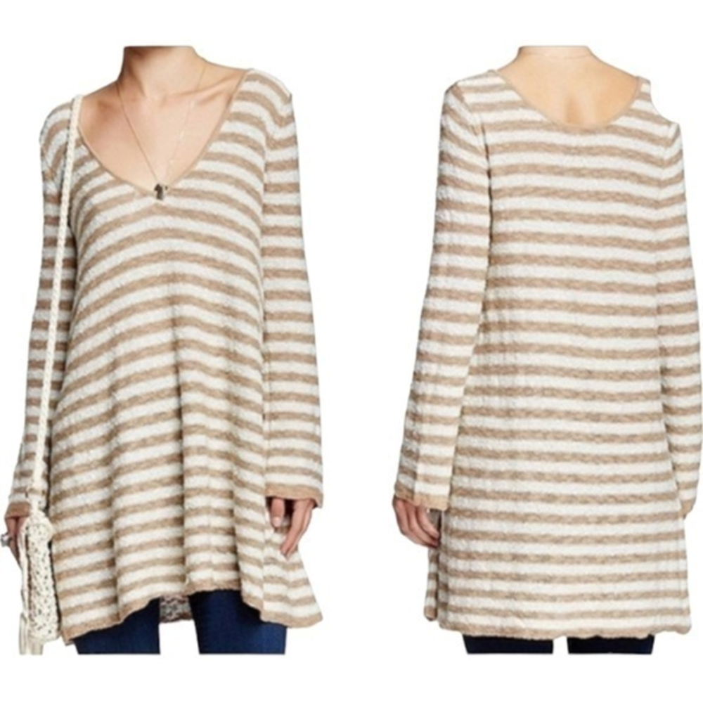 Free People Striped‎ Swing Oversized Deep V-Neck Tunic Sweater/Dress  Sz XS